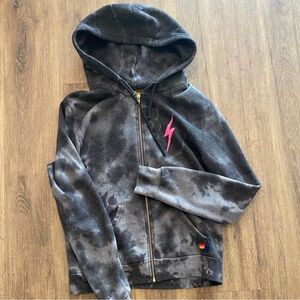 Aviator Nation Black/gray Tie-Dye Hoodie with Pink Lightning Bolt M